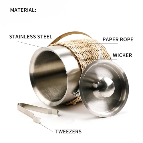 Ice Bucket with Lid, 2 Liter Stainless Steel Insulated Ice Bucket with Wicker Outer Basket Handle Tongs for Party Bar Buffet