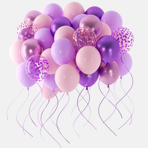 60 Pieces Pink Purple Balloons, 12 Inches Metallic Light Purple Balloon Confetti Balloons for Birthday, Wedding, Unisex Ad...