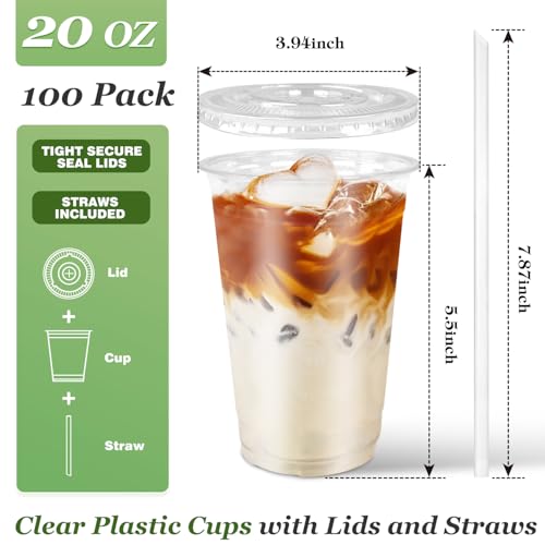 Charmount 100 Sets- 20 oz Clear Plastic Cups with Lids and Straws, Disposable To Go Cups for Cold Drinks, Coffee Bar Acces...