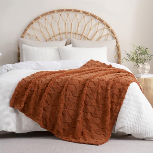 Burnt Orange Throw Blanket for Couch Sofa Bed 50x60 inches,Fleece Blankets Microfiber Flannel with Diamond Checkered Patte...
