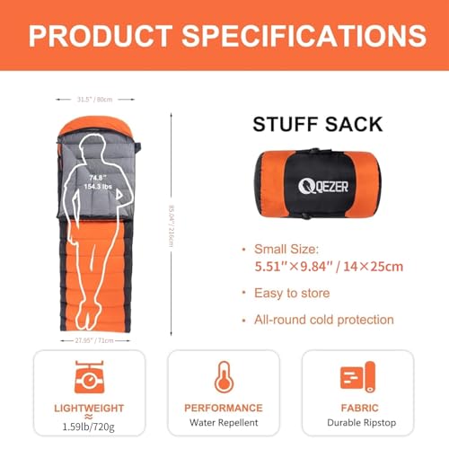 QEZER Ultralight Down Sleeping Bag for Adults - 600 Fill Power, Cold Weather, Backpacking, Camping, Hiking