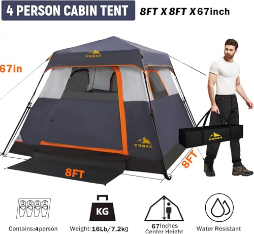 Toogh 3/4 Person Camping Tent with 1 Door, 4 Windows, and Upgraded Ventilation– Instant Setup, Waterproof, 8'x 8'x 67''Oxf...
