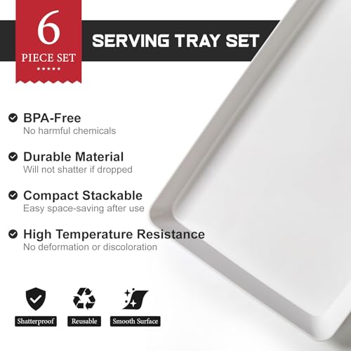 6 Pack, 16" x 11" Large White Serving Trays Set - Reusable Plastic Serving Platters for Cookie, Appetizer, Charcuterie, Sn...