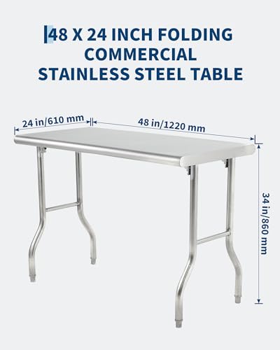 Commercial Stainless Steel Folding Table，48 x 24 Inch Heavy-Duty Kitchen Island Folding Commercial Prep Table for Food, Re...