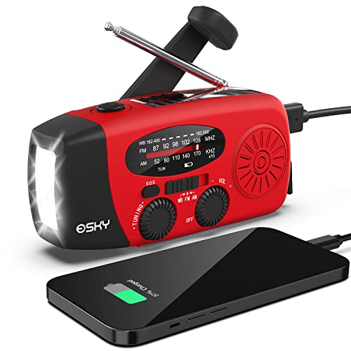 Esky Emergency Hand Crank Radio 7400mWh with 3 LED Flashlight, AM/FM/NOAA Portable Weather Radio with Power Bank Phone Cha...