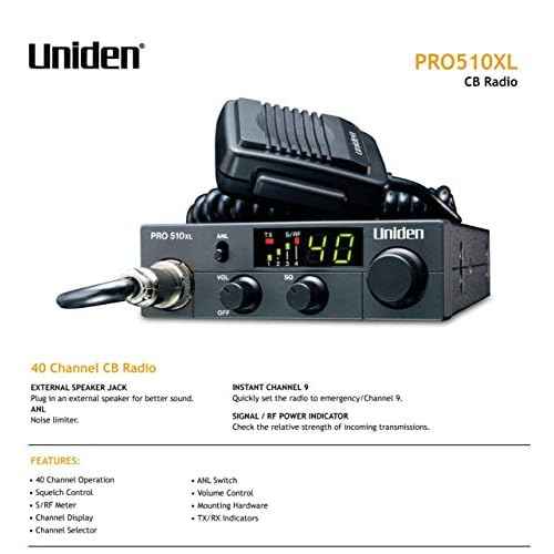 Uniden PRO510XL Pro Series 40-Channel CB Radio. Compact Design. Backlit LCD Display. Public Address. ANL Switch and 7 Watts of Audio Output. Unique PLL Circuit. S/RF LED Meter. , Black