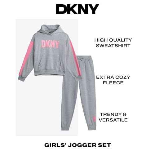DKNY Girls Jogger Set - 2 Piece Soft Fleece Athletic Pullover Hooded Kids Sweatshirts and Jogger Sweatpants for Girls