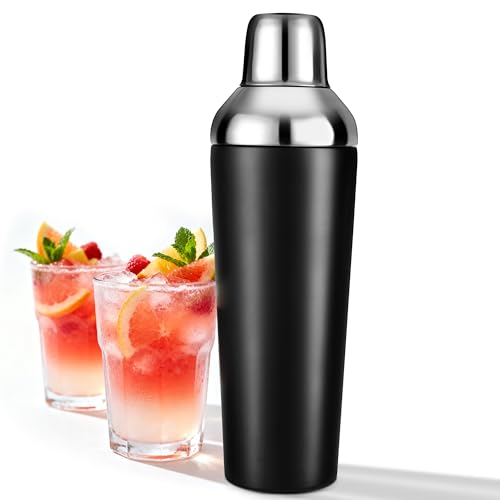Etens Insulated Cocktail Shaker Black - 23oz Double Wall Vacuum Stainless Steel Martini Shaker with Built-in Strainer & Ji...