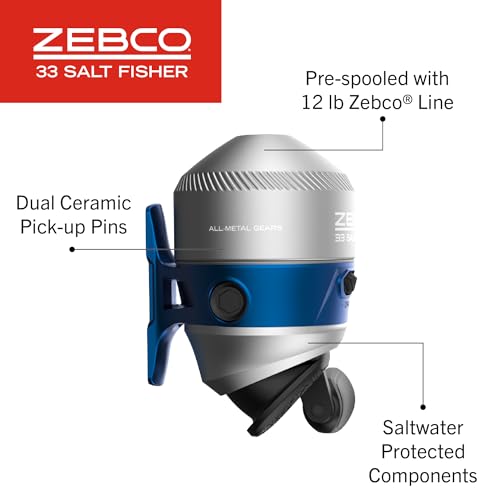 Zebco Salt Fisher 33 Spincast Reel and Fishing Rod Combo, 6-Foot 6-Inch 2-Piece Medium-Heavy Power, Moderate-Fast Action F...