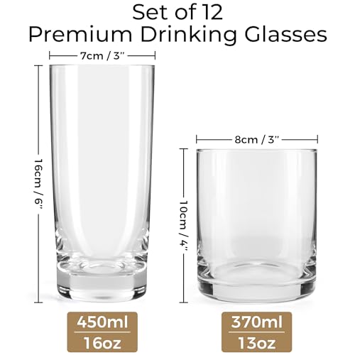 MIAMIO - Drinking Glasses Set of 12/6 x Small 13 oz and 6x Big 15.8 oz Glass Cups for Water, Cocktails, Tea and Beer - Dis...