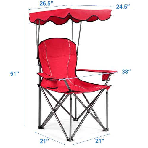 WATERJOY 24 Inches Portable Camping Chairs with Cup Holder, Folding Beach Chair with Shade Canopy