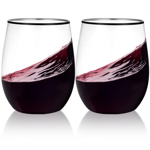 Baderke 24 Pack 12 oz Black Gold Rimmed Wine Glasses Stemless Hard Plastic Clear Disposable Wine Cups Drinking Cups Champa...