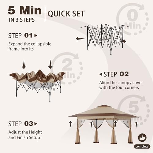 Bezseller 13x13 Pop Up Gazebo Tent with Mosquito Netting – Quick Set Up, Water-Resistant Outdoor Canopy for Patio, Garden,...