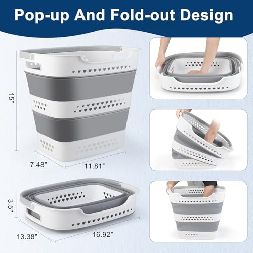 Collapsible Laundry Basket Foldable Pop-Up Laundry Hamper with Comfort Handles Portable Plastic Laundry Storage Basket Org...