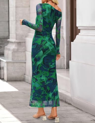 ZESICA Women's Long Sleeve Floral Maxi Dress 2026 Fall Off Shoulder Bodycon Ruched Mesh Cocktail Wedding Guest Dresses