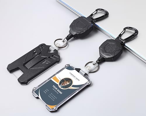 Badge Holder Retractable Clip Heavy Duty Carabiner Badge Reel Keychain with Lanyard ID Cards Holder Cool Tactical ID Holder