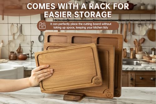 THETCHRY Acacia Wood Cutting Board Set,Thick Wooden Cutting Board for Kitchen with Holder,Chopping Board with Deep Groove...