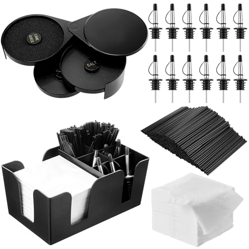 Mifoci 3 Tier Bar Glass Rimmer Bartender Tool with 12 Pcs Stainless Steel Classic Bottle Pourers, Bar Caddy with 6 Compart...