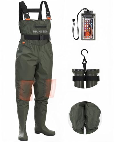 HUNTSEN Fishing Waders for Men Women - 2-Ply Nylon/PVC Waterproof Hunting Chest Waders with Boot Hanger&Phone Case, Size10-12