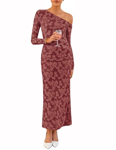 ZESICA Women's Fall Floral Off Shoulder Bodycon Maxi Dresses 2026 Long Sleeve Ruched Elegant Cocktail Party Dress