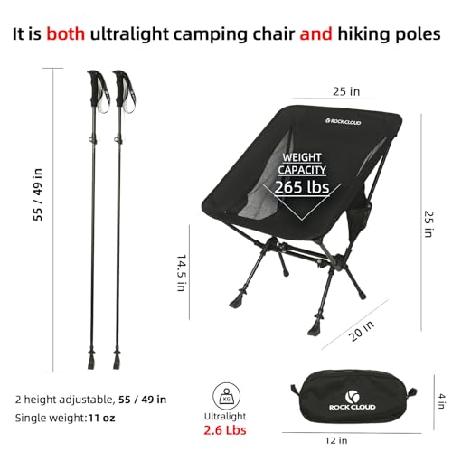ROCK CLOUD Portable Camping Chair Ultralight Folding Chairs and Trekking Pole 2 in 1 for Outdoor Camp Hiking Backpacking L...