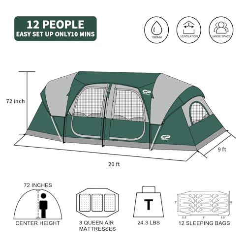 CAMPROS CP Tent 12-Person-Camping-Tents,3 Room Family Tents,Waterproof Windproof Family Tent with Top Rainfly,6 Large Mesh...