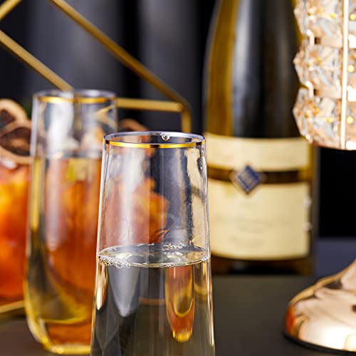 N9R 24PCS Plastic Champagne Flutes, 9 Oz Stemless Disposable Gold Rim Toasting Glasses, Crystal Clear Cocktail Cups Drinkw...