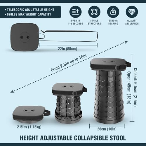 NUMANU 2025 Upgraded Collapsible Stool & 3IN1 Cushioned Carry Bag, Max 620lbs, 18" Height Adjustable Portable Stool Retrac...