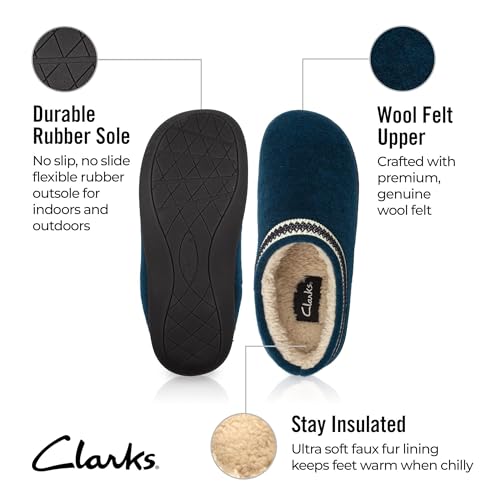 Clarks Womens Wool Felt Clog Slippers JMH1319T - Warm Cozy Plush Faux Fur Lined - Indoor Outdoor House Slipper for Women