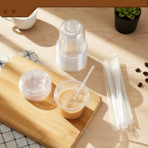 Ziliny 100 Pcs 12oz Clear Plastic Cups with Lids and Straws, Disposable Iced Coffee Drink Cups, Plastic Cup for Iced Coffe...