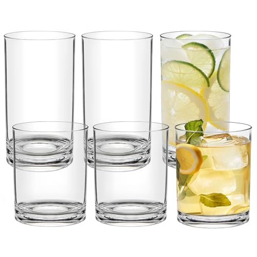 RÉΑLWÁY Acrylic Drinking Glasses Set of 6 - Clear Unbreakable Plastic Cups Reusable for Kitchen, Poolside & Patio - Shatte...