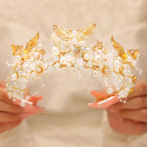 GORTIN Butterfly Crown and Tiara Gold Light up Flower Bride Wedding Headpiece Pearl Headband Bridal Hair Accessories for W...
