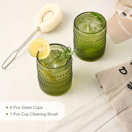 ZMOWIPDL Vintage Glassware Drinking Glasses Set of 6,12 oz Hobnail Glass Cups,Embossed Green Water Tumbler,for Beer,Cockta...