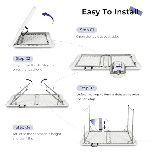 Byliable Folding Table 4 Foot Portable Heavy Duty Plastic Fold-in-Half Utility Table Small Indoor Outdoor Adjustable Heigh...