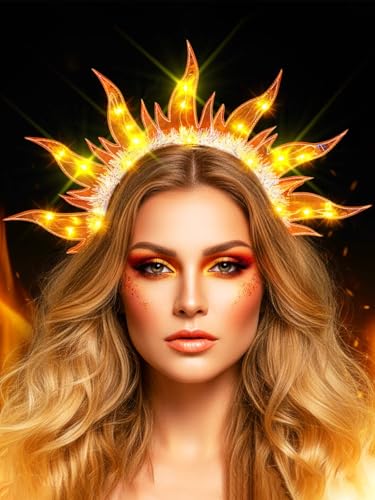 JEAIRTS Light Up Fire Headband Glow Flame Crown Headpiece Led Sun Goddess Hair Accessories for Women