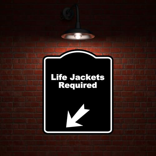 Life Jackets Required Black Sign Arrow Down Left Aluminum Composite Sign 20 x 24 inches