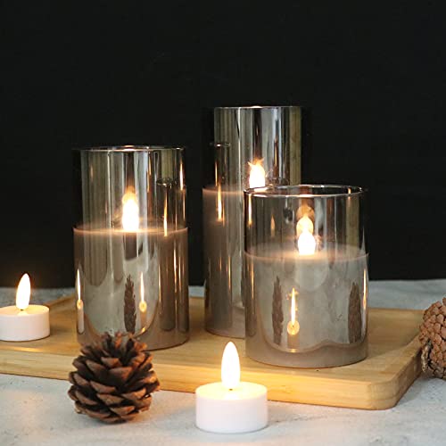 GenSwin Gray Glass Battery Operated Flameless Led Candles with 10-Key Remote and Timer, Real Wax Candles Warm White Flicke...