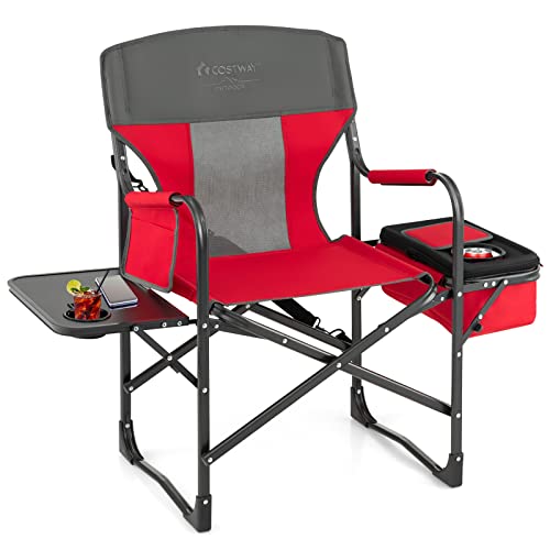 COSTWAY Folding Camping Chair, Heavy-Duty Director Chair Supports 400lbs for Adults with Side Table, Cooler Bag, Storage, ...