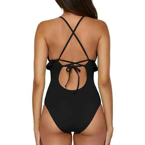 Lucky Brand Women's Sea of Love Ruffle One Piece Swimsuit, Plunge Neck, Bathing Suits