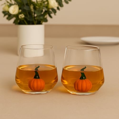 2 Pack Pumpkin Wine Glasses in Orange & Red Jack O Lantern Stemless Cups Parties Restaurants Bars & Home Fall Table Decora...