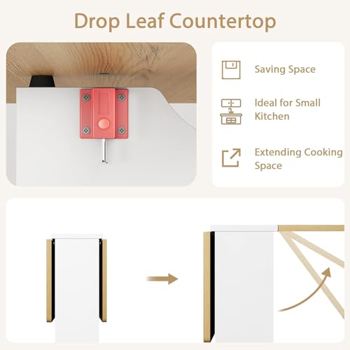 IDEALHOUSE Folding Dining Table, Drop Leaf Dining Table with 6 Wheels and 2-Layer Storage Shelf, Space Saving Kitchen Tabl...
