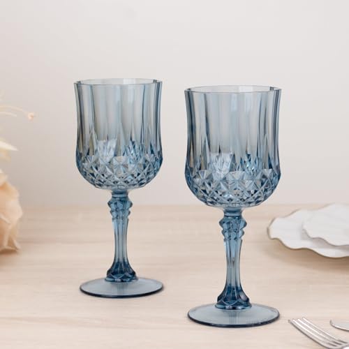 Balsa Circle 6 Disposable 8 oz Dusty Blue Crystal Cut Goblets – Clear Drinkware, Plastic Wine Glasses for Weddings Parties...