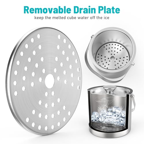 3L Stainless Steel Ice Bucket, Double Wall Insulated Ice Bucket with Lid, Drain Plate, Scoop, Tong for Parties Cocktail Bar