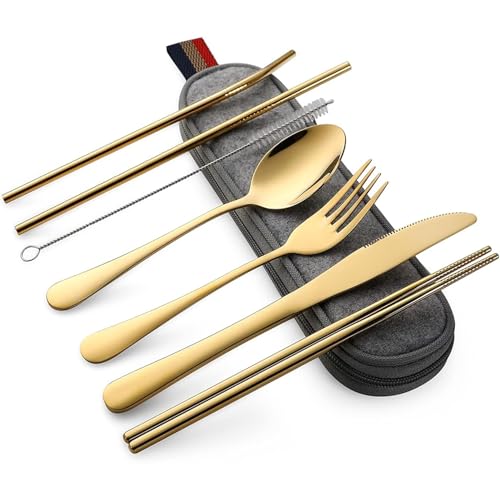 Stainless Steel Silverware Set, 7-Piece Travel Essentials with Carrying Case, Portable Cutlery for Adults, Reusable Utensi...
