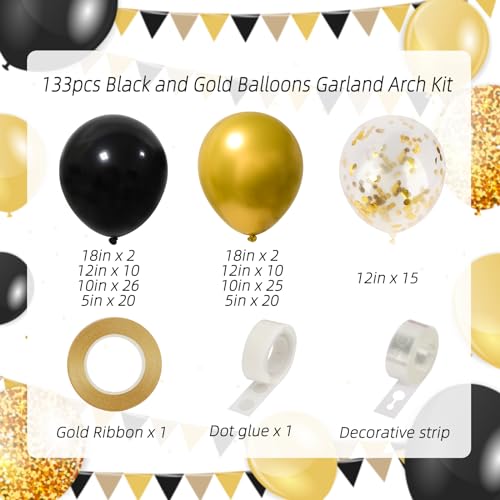 RUBFAC 130pcs Black and Gold Balloons, Black Metal Gold and Metallic Confetti Gold Balloons for 2026 New Year Graduation C...