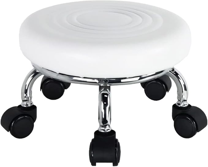 WKWKER Modern Roller Seat PU Leather Foot Stool Low Round Rolling Stool 360° Step Stool Swivel Small Seat with Universal Wheels for Home Office Garage Shop Fitness Sport H：8.4" （White）