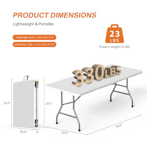 VSOAEIL Folding Table 6 Foot for Indoor Outdoor, Portable Heavy Duty Fold-in-Half Utility Plastic Foldable Dining Table wi...