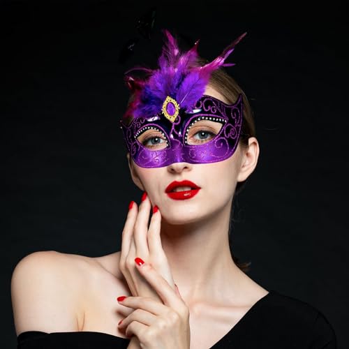MYSEUNI 2025 Masquerade Mask for Women with Feathers - Venetian Masquerade Mask for Carnival Ball, Mardi Gras, Prom