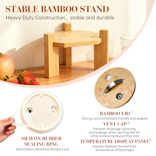 2 Gallon Drink Dispenser,Glass Beverage Dispenser With Wood Stand,Large Water Drink Dispensers for Parties with Anti-block...