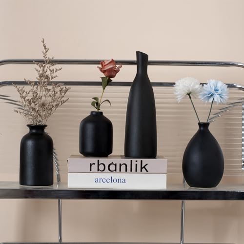 Joynisy Black Ceramic Vase Set of 4, Classic Matte Vases Home Decorations for Table Shelf Office Decor (Black)